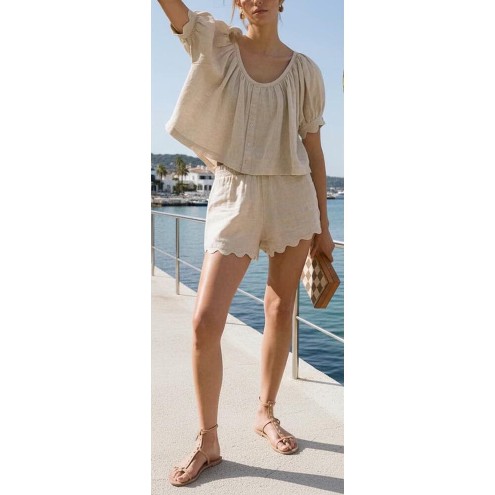 Tuckernuck Natural Linen Tully Crop Top Ava Shorts Matching Set Outfit XS - Picture 3 of 13
